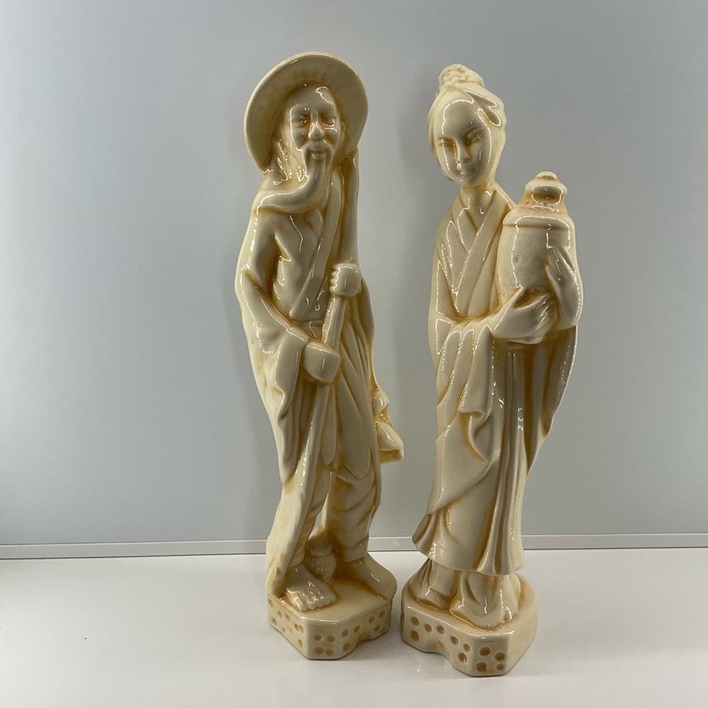 vtg ASIAN COUPLE Statues sz 10.5” Tall Ceramic Walking Stick Jug Yellow Cream